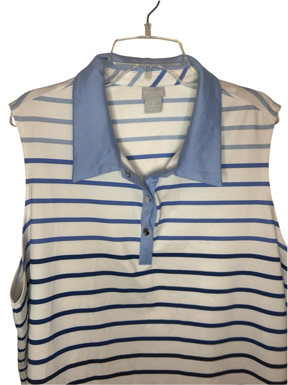 Chico’s Zenergy Size 3 XL Striped Sleeveless Polo Top Blue White Golfing l